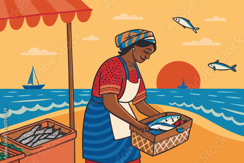 Woman selling fresh fish at a vibrant, bustling traditional coastal market, close-up shot.