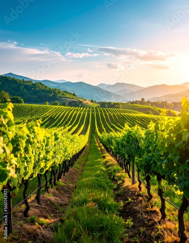 Lush vineyard at sunset