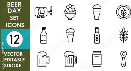 Set of 12 beer day vector icons with editable stroke, featuring mugs, bottles, hops, barrel, pint glasses, heart, and citrus slice illustrations
