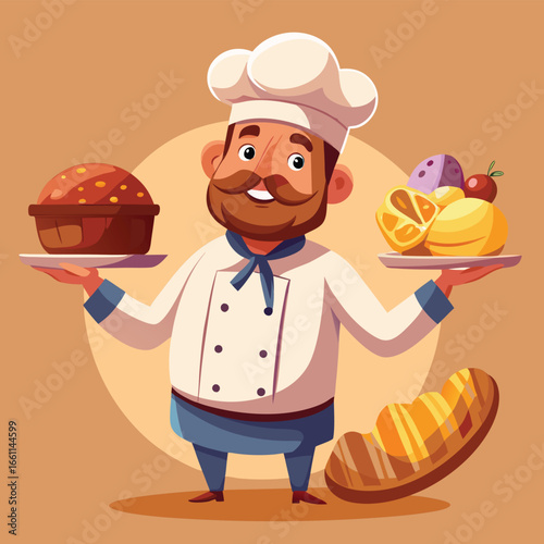 Jovial Middle Aged Baker with Bushy chief Beard  Clipart Illustration 