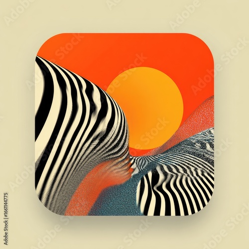 Square graphic with zebra stripes, sunset, and abstract landscape