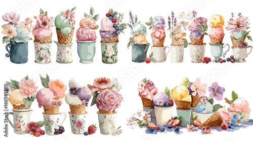 Whimsical watercolor illustration of floral ice cream cones in pastel mugs with berries and blossoms. Perfect for summer dessert design, cafe branding, and sweet fantasy artwork.