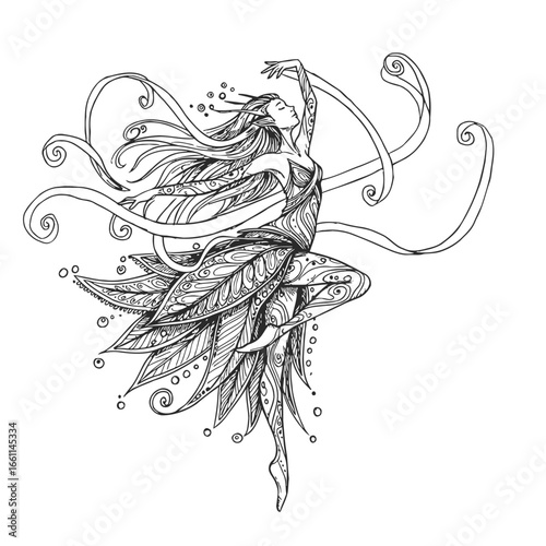 Graceful Dancing Fairy with Flowing Hair Line Art.