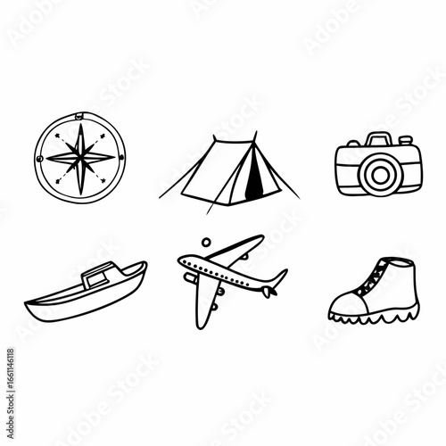 Hand drawn travel and adventure icons with camping equipment and airplane isolated on white background