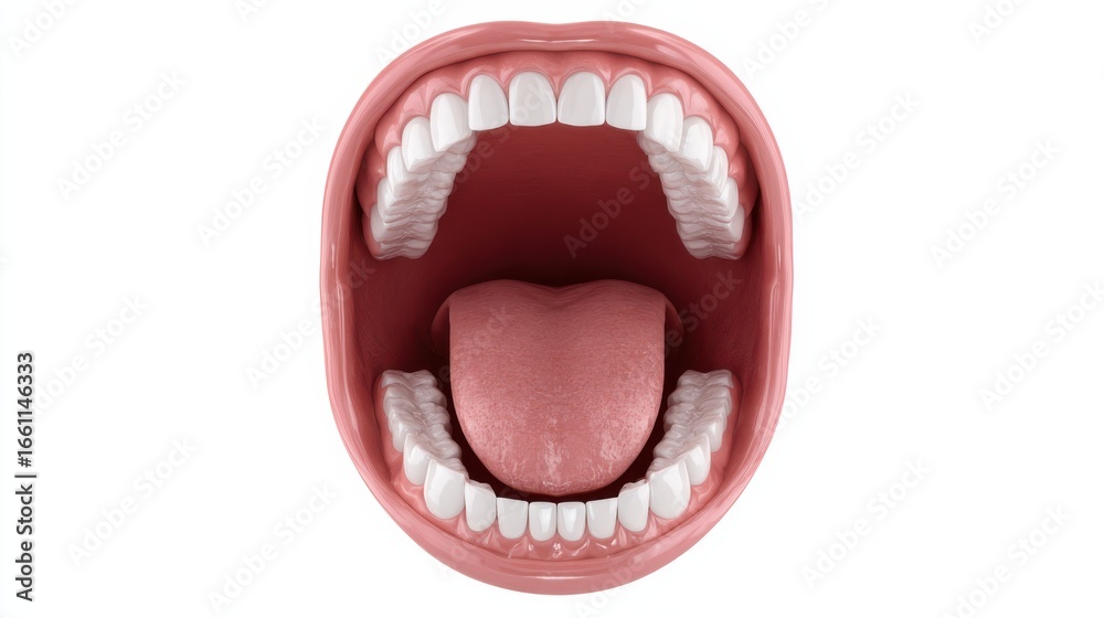 Naklejka premium Wide open mouth showcasing healthy teeth and pink tongue in a neutral setting, demonstrating oral anatomy and dental health visuals