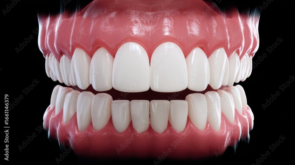 Obraz premium Bright and healthy human teeth shown from a frontal view against a dark background