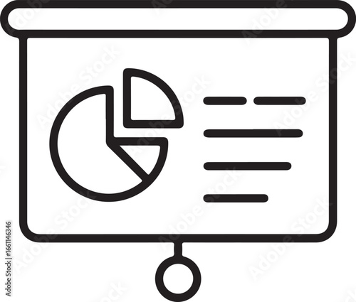 Simple line art icon of a presentation screen with a pie chart and bullet points
