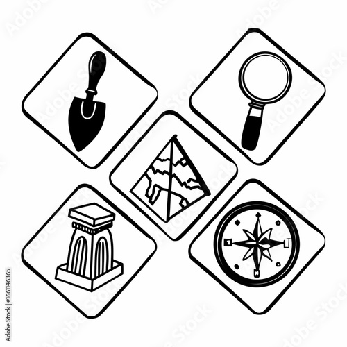 Archaeology and exploration icons set, black outline drawings isolated on white background