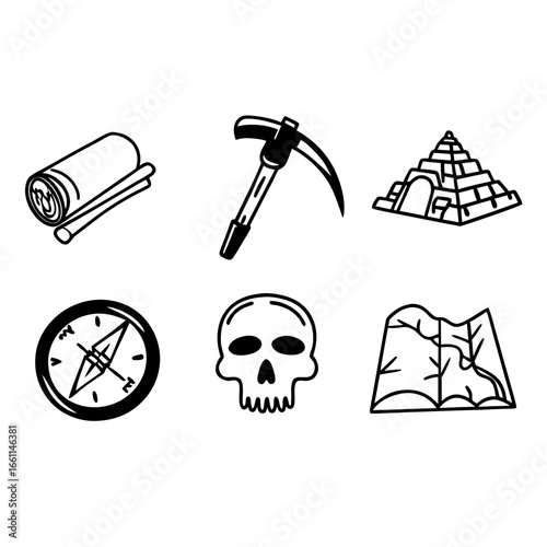 Archaeology and exploration icons set, black outline drawings isolated on white background
