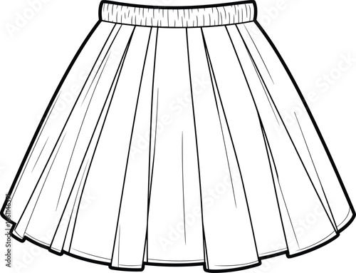 Short pleated skirt fashion flat sketch, front technical drawing, stylish women clothing design, CAD garment template, vector apparel illustration, outline
