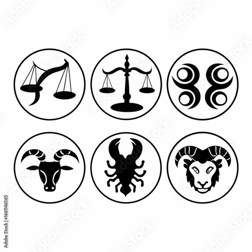 Collection of astrological symbols in circles isolated on white background for spiritual practices