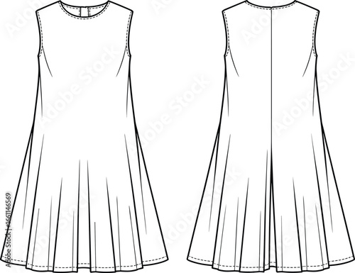 Sleeveless dress technical sketch, fashion CAD drawing, flat vector illustration, front and back view, pleated A-line design, apparel template