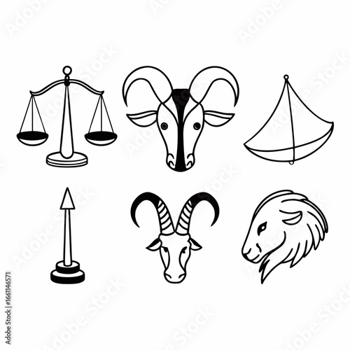 Astrological zodiac signs including capricorn, libra and sagittarius isolated on white background