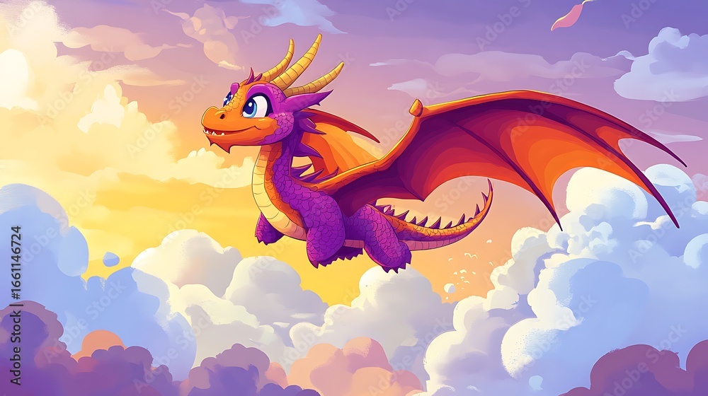 Obraz premium Flying dragon in sunset sky