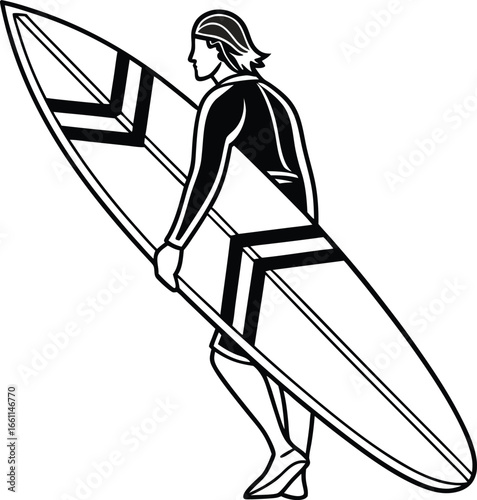 Energetic surfer carrying surfboard, ready for waves, embodying coastal lifestyle and summer adventure