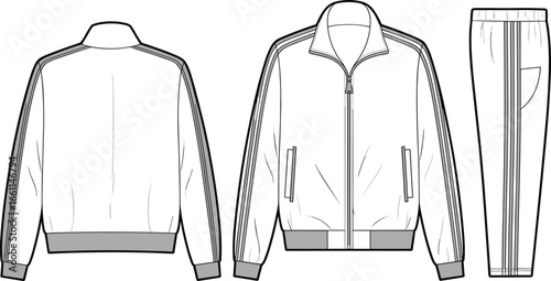 Tracksuit technical sketch, jacket and pants CAD drawing, fashion flat vector, front and back view, striped design, apparel template
