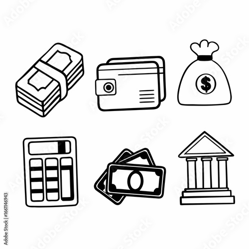 Illustration of money, wallet, bag, calculator, banknote, and bank isolated on white background