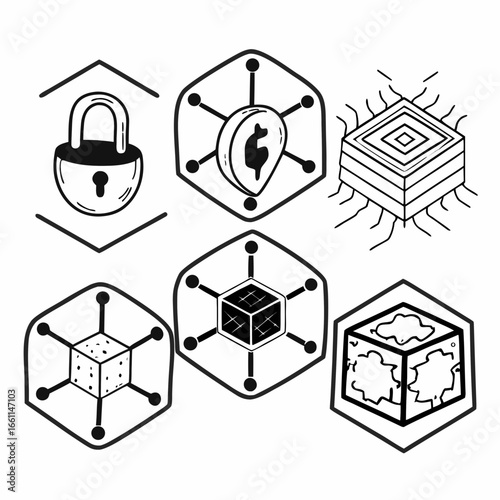 Cryptocurrency and blockchain technology icons in a modern design isolated on white background