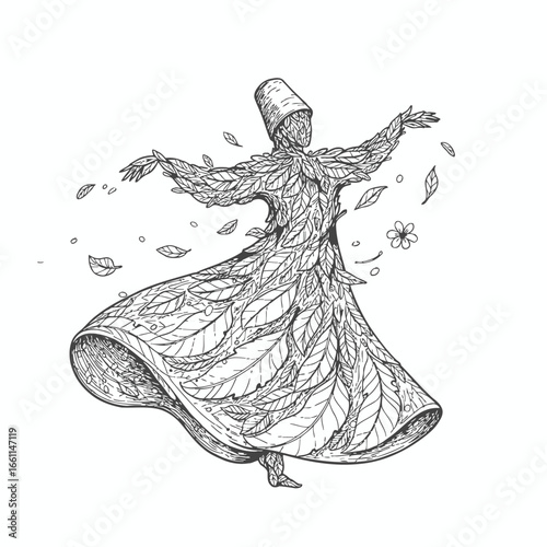 Handdrawn Whirling Dervish composed of leaves and foliage.