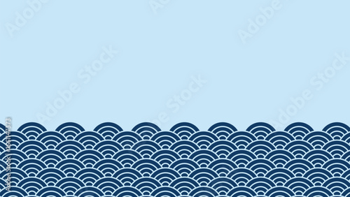 A minimalist vector background featuring traditional Japanese ocean waves at the bottom, with ample copy space on a calm blue field. This graphic is ideal for invitations, posters, and social media
