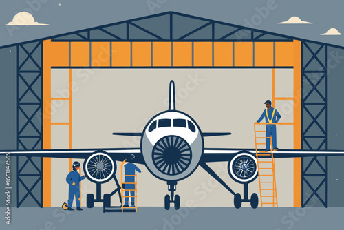 Interior view of a vast airplane hangar, mechanics diligently servicing a massive jet engine.
