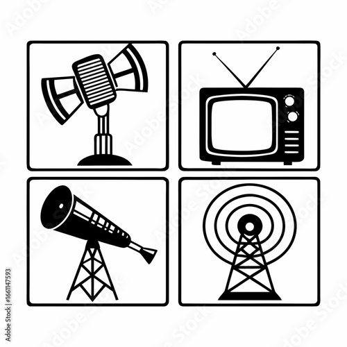 Retro communication devices icons including microphone, tv, telescope, and antenna isolated on white background