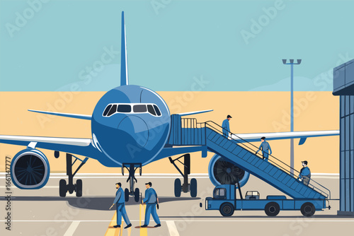 A modern airliner seamlessly connecting to a jet bridge, ground crew busily attending, aviation, airport operations.