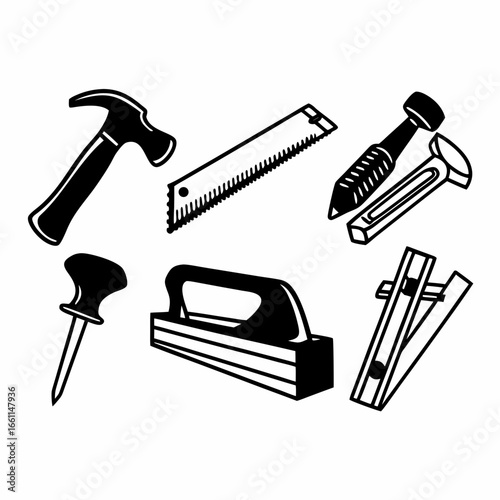 Illustration of woodworking tools, including hammer, saw, chisel, and plane isolated on white background