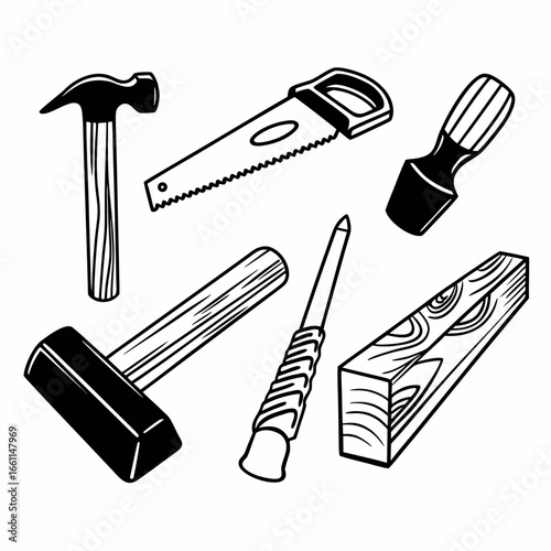 Illustration of carpentry tools including hammer, saw, chisel, mallet, awl and wood isolated on white background