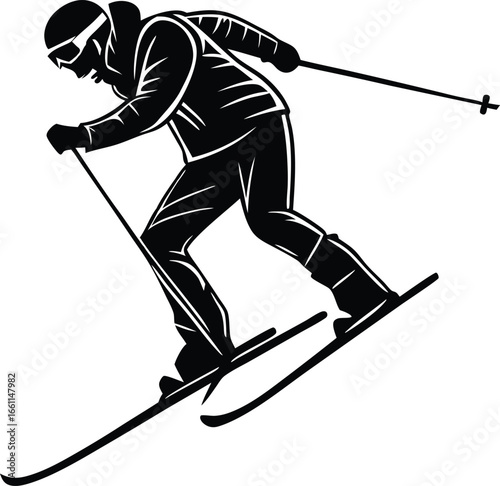 Dynamic skier carving down snowy mountain slope with focused intensity and athletic grace.