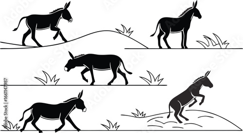 Five silhouette donkeys in various poses on grassy hills, simple black and white farm animal art