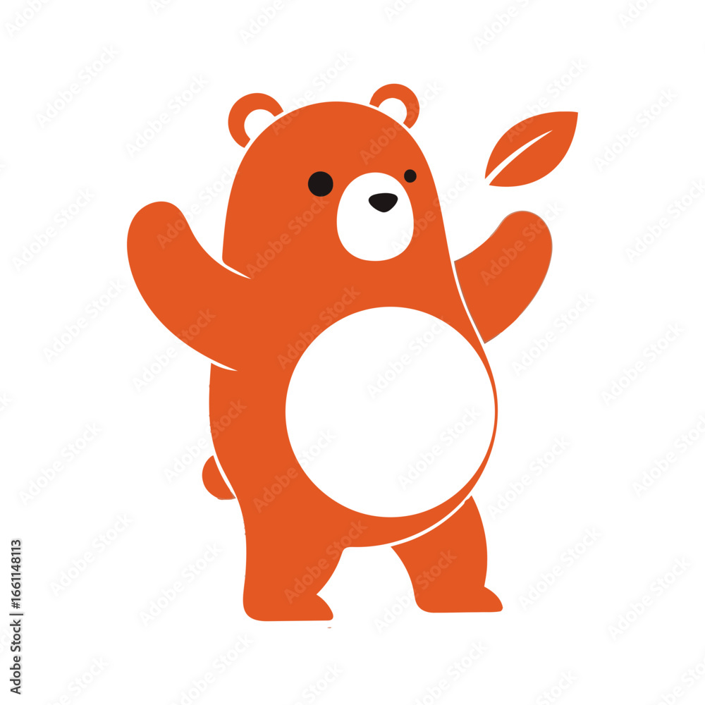 Naklejka premium Cute orange bear waving hand with a leaf, a cartoon design