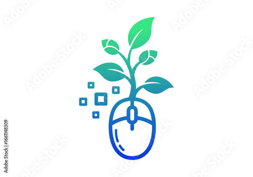 Green plant growing from computer mouse isolated on white background