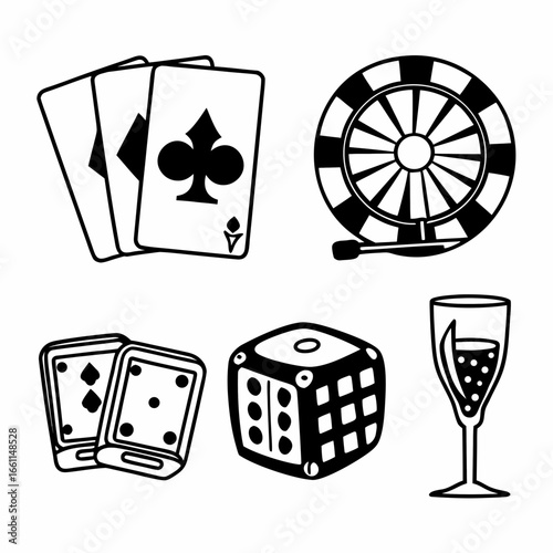 Casino gambling games with dice, dartboard, playing cards, and glasses isolated on white background