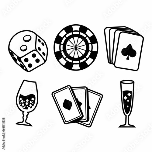 Casino gambling games with dice, poker chips, playing cards, and glasses isolated on white background