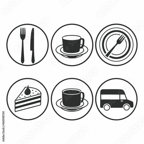 Collection of breakfast food icons isolated on white background, ideal for cafe, restaurant, and food truck designs