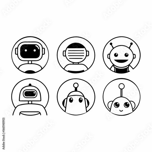 Collection of hand drawn robot icons in a circle isolated on white background in a cartoon style