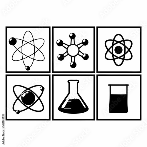 Illustration of science and chemistry elements with atom, molecule, flask, and beaker isolated on white background
