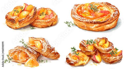 Watercolor illustration of golden peach Danish pastries with thyme and glaze. Perfect for bakery menu, cafe design, dessert branding, and delicious breakfast food artwork.