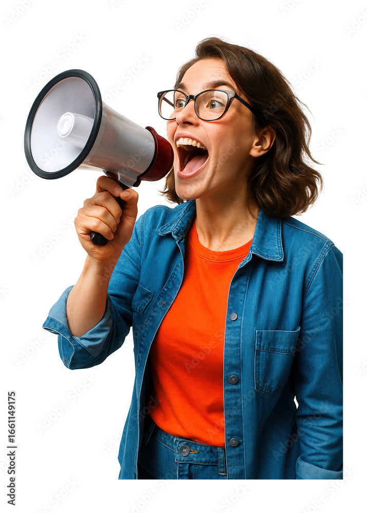 Naklejka premium Excited young woman with glasses holding a megaphone, shouting with a surprised expression.