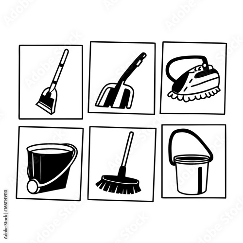 Illustration of cleaning equipment icons, including bucket, broom, dustpan, and iron isolated on white background