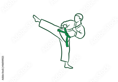Illustration of a karate practitioner kicking with a green belt