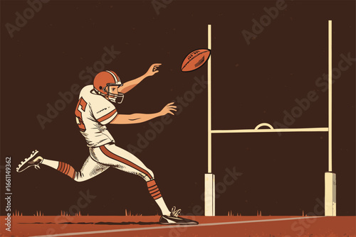 American football kicker powerfully strikes pigskin, soaring towards goalposts, game-winning kick, stadium lights, electrifying atmosphere, precision, skill, athleticism.
