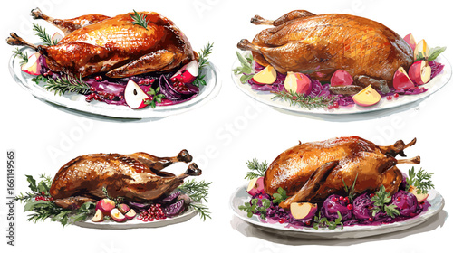 Watercolor illustration of roasted turkey on a festive platter with apples, cabbage, and herbs. Perfect for Thanksgiving, Christmas dinner design, and traditional holiday food artwork.