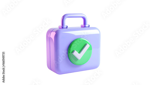 3D plastic toolbox icon with green check mark symbol for approval and confirmation isolated on white background