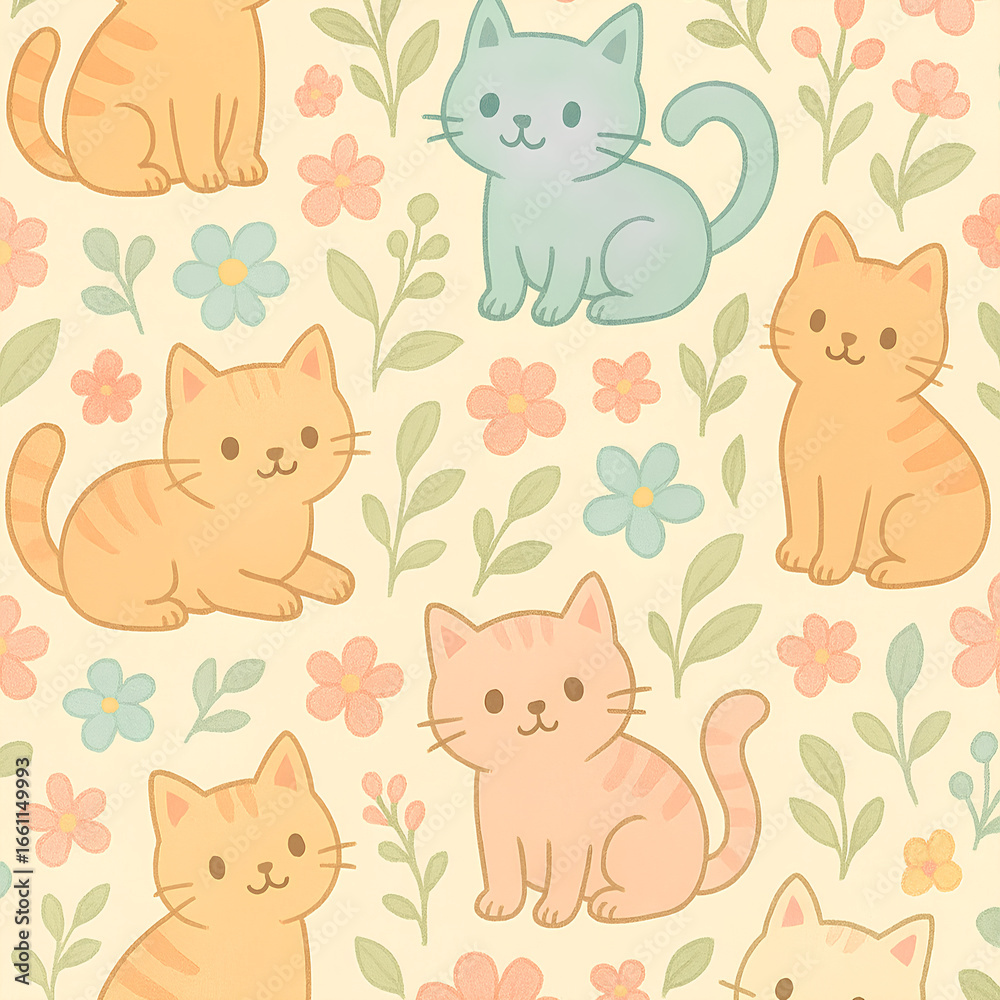 Fototapeta premium Charming seamless pattern of cute pastel cats and flowers with a soft hand-drawn texture.