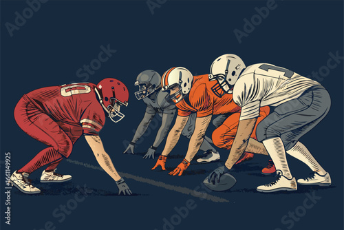 Raw power, American football linemen collide fiercely at the scrimmage line, muscles straining, intense struggle.