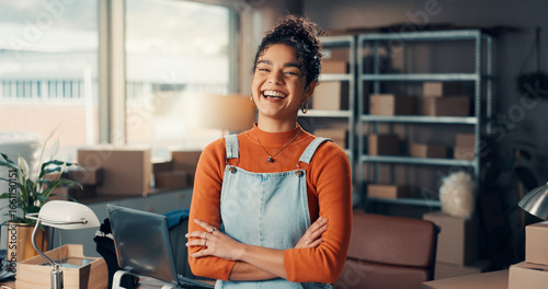 Фотография Portrait, crossed arms and woman in office with logistics, shipping or delivery for small business