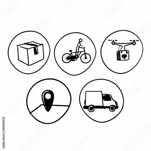 Delivery service icons set with package, bicycle, drone, location, and truck isolated on white background