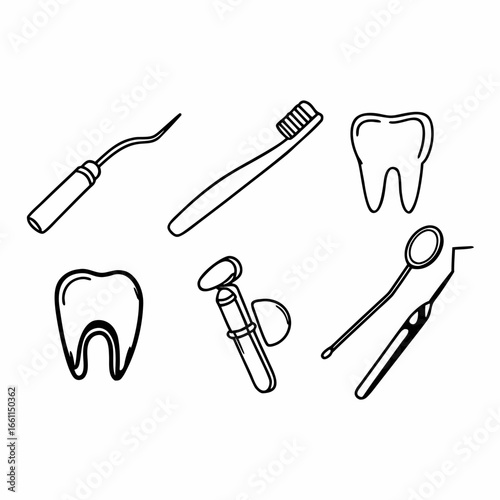 Dental tools and teeth icons set with toothbrush, mirror, and other equipment isolated on white background